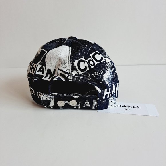 New Chanel 100% Cotton Coco Roses Print Cap Hat Navy Black White main image 9
